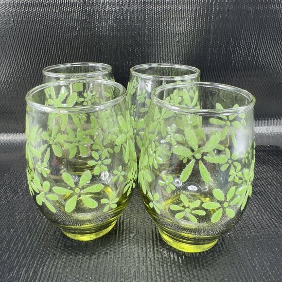Libbey Green Lowball Glasses With Embossed Floral Design Cups Set 4 Cups 3.5inch - Picture 10 of 10